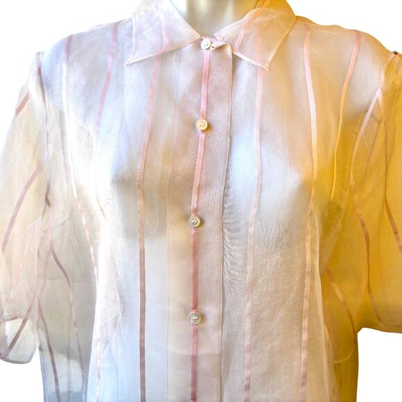 Perry Ellis SHEER SILK Blouse Pink Stripes Button Front Top Vtg 80's Womens 12 - Picture 7 of 11